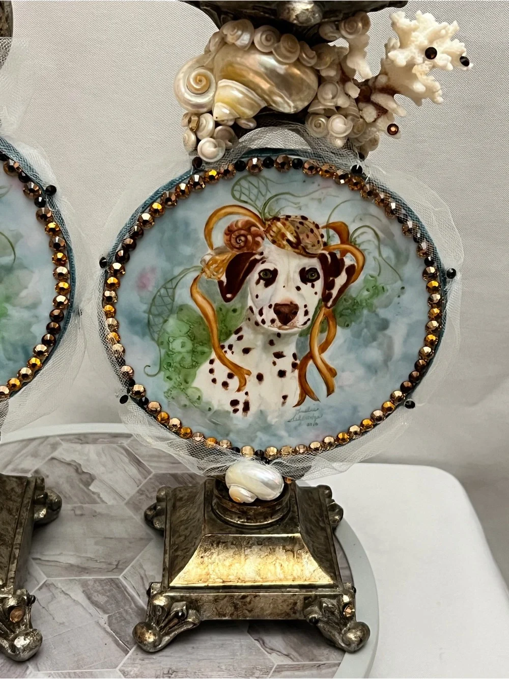 Set of 2 Coastal Dalmatian Dog Seashell Jeweled Candle Holders Sculptures